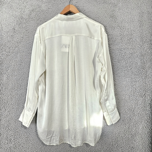 Zara Ivory Satin Button Up Blouse Small Long Sleeve Collard Shirt Women's Office - Picture 3 of 13